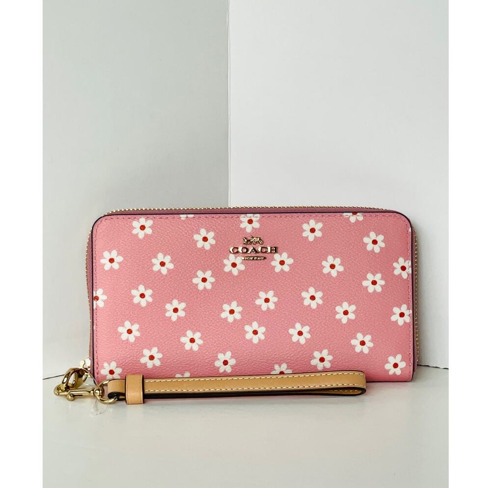 Coach Long Zip Wallet CFD93 Pink Floral Print Canvas Leather